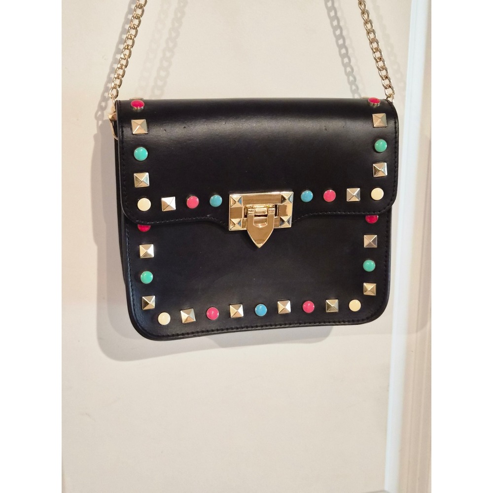 Borse‎ in Pelle Italy Black Genuine Leather Multi Color Studded Crossbody Bag